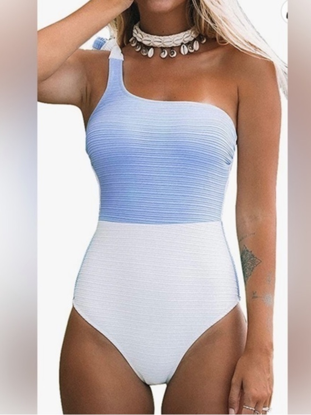 CUPSHE One-Shoulder Two-Tone Ribbed Swimsuit - Light Blue & White